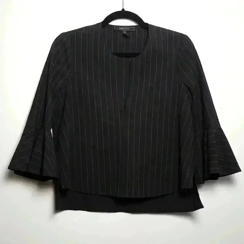 BCBGMAXAZRIA Pinstripe Black Top With Bell Flare Sleeve Size XSmall